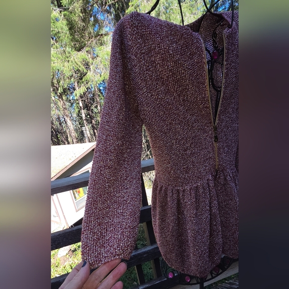 Zara Metallic Pink/Plum Silver Metalic Knit Zip Front Top SzL - Picture 6 of 12